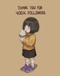 Rule 34 | 1girl, bob cut, brown hair, child, commentary, eating, english text, food, highres, holding, holding food, ice cream, ice cream cone, jun (navigavi), little sister (navigavi), milestone celebration, original, shoes, short hair, simple background, skirt, snot, socks, soft serve, sparkling eyes, sweater, tears, thank you, tongue, tongue out, yellow sweater