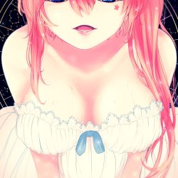 Rule 34 | 1girl, bare shoulders, blue eyes, breasts, cleavage, close-up, collarbone, constellation, facial mark, from above, hair between eyes, head out of frame, lace trim, long hair, looking at viewer, medium breasts, parted lips, pink hair, smile, solo, star (symbol), strapless, suggestive fluid, sweat, tattoo, tn (destino1480), uni (vocaloid), upper body, vocaloid