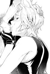 Rule 34 | 2boys, artist request, erection, fellatio, final fantasy, final fantasy xv, hand on head, highres, licking, male focus, multiple boys, oral, penis, prompto argentum, testicles, yaoi