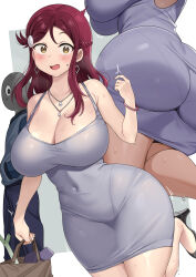 Rule 34 | 1boy, 1girl, ass, bag, bare arms, bare shoulders, black footwear, blush, breasts, brown bag, cleavage, covered navel, dress, earrings, hair ornament, hand up, high heels, highres, holding, holding bag, huge ass, jewelry, large breasts, long hair, love live!, necklace, open mouth, pantylines, purple dress, red hair, sakurauchi riko, sleeveless, sleeveless dress, tem10, yellow eyes