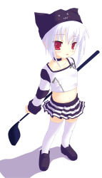 Rule 34 | 1girl, female focus, golf club, kooh, navel, pangya, pleated skirt, red eyes, safi, shoes, short hair, skirt, solo, standing, tagme, thighhighs, white background, white hair, white thighhighs