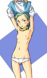 Rule 34 | 00s, 1girl, breasts, clothes lift, dress, dress lift, eureka (eureka seven), eureka seven, eureka seven (series), flat chest, green hair, mosha, nipples, panties, small breasts, solo, underwear, undressing
