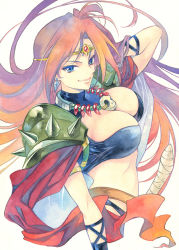 Rule 34 | 1girl, agahari, blue eyes, breasts, cleavage, earrings, gloves, highres, jewelry, large breasts, long hair, naga the serpent, red hair, revealing clothes, slayers, traditional media