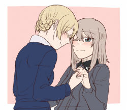 Rule 34 | 2girls, blonde hair, blue sweater, blush, braid, closed mouth, commentary, darjeeling (girls und panzer), dress shirt, closed eyes, eyes visible through hair, forehead-to-forehead, girls und panzer, grey shirt, half-closed eye, heads together, holding hands, insignia, itsumi erika, kuromorimine school uniform, looking at another, multiple girls, one eye closed, outside border, pink background, school uniform, shirt, short hair, smile, st. gloriana&#039;s school uniform, sweater, torinone, white shirt, yuri