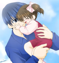 Rule 34 | 1boy, 1girl, blue eyes, blue hair, blush, bow, brown hair, carrying, child, child carry, day, dress, ever 17, closed eyes, father and daughter, hair bow, holding, hug, kuranari takeshi, matsunaga sara, min, pink bow, short hair, short twintails, signature, sky, smile, twintails