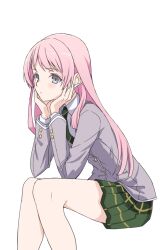 Rule 34 | 1girl, bang dream!, bang dream! it&#039;s mygo!!!!!, chihaya anon, closed mouth, collared shirt, commentary request, feet out of frame, green necktie, green skirt, grey eyes, grey hair, gumoyu, invisible chair, long hair, long sleeves, necktie, pink hair, plaid, plaid skirt, pleated skirt, shirt, sitting, skirt, solo, white shirt