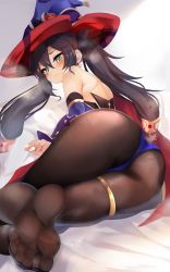 Rule 34 | 1girl, absurdres, akiba monaka, back, bare shoulders, black hair, black pantyhose, blue hat, blue leotard, breasts, detached sleeves, earrings, feet, genshin impact, gold trim, green eyes, hat, hat ornament, highleg, highleg leotard, highres, jewelry, legs, leotard, long hair, looking at viewer, looking back, medium breasts, mona (genshin impact), pantyhose, soles, solo, star (symbol), star earrings, thighlet, toes, twintails, wavy mouth, witch hat