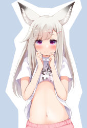 Rule 34 | 1girl, nanashi inc., animal ear fluff, animal ears, animare, blue background, clothes lift, fox ears, fox girl, highres, lifting own clothes, long hair, navel, purple eyes, sch, shiromiya mimi, shirt, shirt lift, short sleeves, silver hair, simple background, stomach, two-tone background, virtual youtuber, white background, white shirt