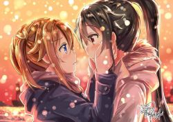 Rule 34 | 10s, 2girls, black hair, blue eyes, brown hair, face-to-face, gleision adain, hand on another&#039;s face, high school fleet, jacket, looking at another, misaki akeno, multiple girls, munetani mashiro, ponytail, red eyes, snow, twintails, yuri
