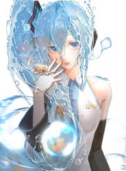 Rule 34 | 1girl, bare shoulders, black sleeves, blue eyes, blue hair, blue necktie, bubble, chinese commentary, collarbone, collared shirt, commentary, derivative work, detached sleeves, fish, hair between eyes, hand up, hatsune miku, hatsune miku (noodle stopper), headphones, highres, lips, liquid hair, long hair, looking at viewer, meme, nana mei, necktie, shirt, side ponytail, sidetail miku noodle stopper (meme), signature, simple background, sleeveless, sleeveless shirt, smile, solo, upper body, vocaloid, water drop, white background, white shirt