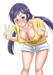 Rule 34 | 10s, 1girl, blush, breasts, cleavage, double v, downblouse, covered erect nipples, female focus, green eyes, grin, highres, large breasts, leaning forward, long hair, looking at viewer, love live!, love live! school idol festival, love live! school idol project, no bra, purple hair, shorts, simple background, smile, solo, tojo nozomi, twintails, v, white background, zheng