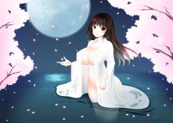 Rule 34 | 1girl, artist request, ass, blush, breasts, brown hair, cherry blossoms, collarbone, covered erect nipples, curvy, full moon, hime cut, huge ass, huge breasts, long hair, looking at viewer, moon, naked robe, navel, original, petals, red eyes, robe, see-through, smile, solo, standing, thick thighs, thighs, water, wet