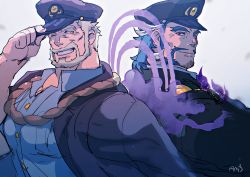 Rule 34 | amu (omoro3bot), bara, beard, blue hair, daikoku (housamo), dark blue hair, facial hair, forked eyebrows, halo, halo behind head, highres, hogen (housamo), looking at viewer, male focus, mature male, multicolored hair, multiple boys, muscular, muscular male, mustache, mutton chops, old, old man, short hair, sideburns, smile, thick eyebrows, tokyo houkago summoners, two-tone hair, upper body, white hair, yellow eyes