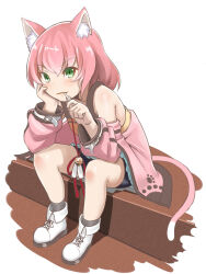 Rule 34 | 1girl, animal ear fluff, animal ears, bare shoulders, bike shorts, black shorts, black socks, blue skirt, boots, camisole, cat ears, cat girl, cat tail, closed mouth, collarbone, commentary request, full body, green eyes, hair between eyes, hands up, highres, holding, kuro kosyou, long sleeves, looking at viewer, original, pink hair, pleated skirt, puffy long sleeves, puffy sleeves, shorts, shorts under skirt, skirt, socks, solo, tail, white background, white footwear, yellow camisole