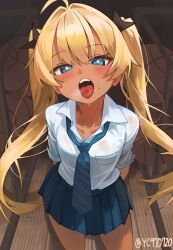 1girl absurdres ahoge black_ribbon blonde_hair blue_eyes blue_necktie blue_skirt blush clear_(djmax) collared_shirt djmax djmax_respect hair_ribbon highres looking_at_viewer necktie open_mouth pleated_skirt ribbon shirt skirt solo standing sweat syc2159 teeth tongue tongue_out twintails twitter_username upper_teeth_only white_shirt