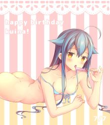 Rule 34 | 1girl, ahoge, artist request, ass, bikini, blue bikini, blue hair, blush, bottomless, breasts, collarbone, covered erect nipples, dimples of venus, female focus, food, highres, hinako note, looking at viewer, lying, natsukawa kuina, on stomach, open mouth, popsicle, small breasts, solo, swimsuit, tongue, yellow eyes