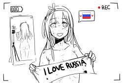 Rule 34 | ass, battery indicator, camera, english text, full-length mirror, girls&#039; frontline, hair ornament, huqu, long hair, mirror, monochrome, nude, recording, russian flag, smile, solo, suomi (girls&#039; frontline), tearing up, tears, torture