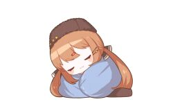 Rule 34 | 1girl, :3, black hat, blue shawl, brown hair, chibi, closed eyes, fur hat, hair ornament, hairclip, hat, highres, kantai collection, long hair, low twintails, nada namie, papakha, shawl, simple background, sleeping, solo, tashkent (kancolle), twintails, white background