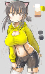 Rule 34 | 1girl, animal ears, blush, breasts, cameltoe, cat cutout, cat ears, cleavage, cleavage cutout, clothing cutout, contrapposto, cowboy shot, grey hair, hade na kangofu, highres, hood, hoodie, large breasts, looking at viewer, midriff, navel, short twintails, sidelocks, solo, suspenders, thighhighs, twintails