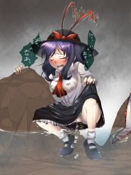 Rule 34 | 1girl, bad id, bad pixiv id, blush, egg, egg laying, covered erect nipples, closed eyes, female focus, hat, mkz, nagae iku, open mouth, purple hair, pussy, saliva, short hair, solo, squatting, sweat, tears, touhou, trembling, uncensored, water, wet, wet clothes
