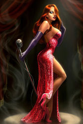 Rule 34 | 1girl, bare legs, bare shoulders, breasts, curtains, dress, elbow gloves, eyeshadow, gloves, green eyes, high heels, jessica rabbit, large breasts, lipstick, long hair, looking at viewer, makeup, microphone, no bra, red dress, red hair, sequins, shoes, side slit, smoke, solo, stage, who framed roger rabbit