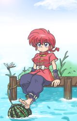 Rule 34 | 1girl, barefoot, blue eyes, chinese clothes, feet, food, fruit, genderswap, genderswap (mtf), outdoors, ranma-chan, ranma 1/2, red hair, saotome ranma, short hair, solo, tangzhuang, toes, wanta (futoshi), watermelon, white background