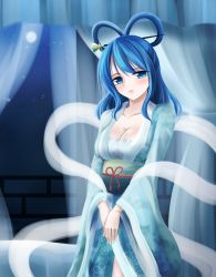 Rule 34 | 1girl, absurdres, alternate costume, bed, blue eyes, blue hair, blue kimono, blush, breasts, canopy bed, cleavage, commentary request, full moon, hair ornament, hair rings, hair stick, highres, hisin, japanese clothes, kaku seiga, kimono, light smile, looking at viewer, medium breasts, medium hair, moon, obi, sash, shawl, solo, touhou