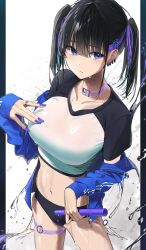 Rule 34 | 1girl, black buruma, black hair, blue eyes, blue jacket, blue nails, breasts, buruma, choker, closed mouth, collarbone, cowboy shot, crop top, earrings, hand on own chest, highres, jacket, jewelry, large breasts, long hair, long sleeves, looking at viewer, midriff, multicolored hair, nail polish, navel, noeru, off shoulder, open clothes, open jacket, original, purple choker, raglan sleeves, ring, shirt, short sleeves, solo, stomach, streaked hair, thigh strap, thighs, twintails, water, wet, white shirt