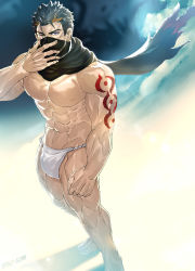 Rule 34 | 1boy, abs, arm tattoo, artist name, bara, biceps, black hair, cloud, cloudy sky, fundoshi, gyee, hand on own face, highres, japanese clothes, large pectorals, looking at viewer, male focus, male underwear, manly, mask, mouth mask, muscular, muscular male, navel, night, night sky, nipples, one eye closed, pectorals, purple eyes, rudolf (gyee), scar, scar across eye, scar on face, sky, sky (sora no gomibako), solo, tattoo, thick arms, thick thighs, thighs, topless male, underwear