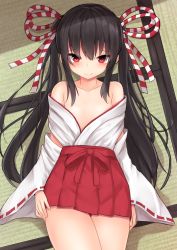 Rule 34 | 1girl, bare shoulders, black hair, blush, breasts, commentary, detached sleeves, hair ornament, hair ribbon, hands on own thighs, japanese clothes, long hair, looking at viewer, lying, miko, mizushina minato, on back, open clothes, original, red eyes, red skirt, ribbon, skirt, small breasts, smile, solo, tatami, twintails, wide sleeves