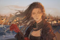 Rule 34 | 1girl, absurdres, angell (path to nowhere), belt collar, black hair, black jacket, black shirt, breasts, building, chinese commentary, cigarette, city, cityscape, cleavage, cloud, collar, commentary, curtained hair, dong feng feng, floating hair, forehead, gloves, grey hair, highres, holding, holding cigarette, jacket, lips, long hair, looking to the side, medium breasts, ocean, open clothes, open jacket, path to nowhere, red gloves, shirt, simple bird, skyscraper, slit pupils, smoke, smoke trail, solo, sunset, twilight, upper body, wind, wind lift, yellow eyes