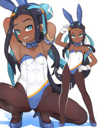 Rule 34 | 1girl, aged down, animal ears, arm up, arms behind head, arms up, black hair, blue eyes, blue footwear, blue hair, blue neckwear, blush, bow, bowtie, breasts, brown pantyhose, collar, colored shadow, commentary request, creatures (company), dark-skinned female, dark skin, detached collar, fake animal ears, forehead, game freak, garoudo (kadouhan&#039;i), gloves, hand on own hip, high heels, leotard, long hair, multicolored hair, multiple views, nessa (pokemon), nintendo, pantyhose, parted lips, playboy bunny, pokemon, pokemon swsh, rabbit ears, shadow, shoes, small breasts, spread legs, squatting, standing, strapless, strapless leotard, two-tone hair, very long hair, white background, white collar, white gloves, white leotard, wing collar