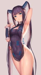 Rule 34 | 1girl, arm behind head, arm up, armpits, bare shoulders, black dress, blue eyes, blunt bangs, blush, breasts, china dress, chinese clothes, cleavage, covered navel, detached sleeves, dress, fate/grand order, fate (series), hair ornament, highres, hoshibudou, long hair, looking at viewer, medium breasts, parted lips, presenting armpit, purple hair, short dress, sideboob, sidelocks, simple background, solo, thighs, twintails, very long hair, yang guifei (fate), yang guifei (second ascension) (fate)