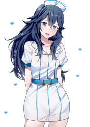 Rule 34 | 1girl, alternate costume, ameno (a meno0), arms behind back, belt, blue belt, blue eyes, commentary request, family crest, fire emblem, fire emblem awakening, flat chest, hat, heart, long hair, looking at viewer, lucina (fire emblem), nintendo, nurse, nurse cap, parted lips, smile, solo, symbol-shaped pupils, white background