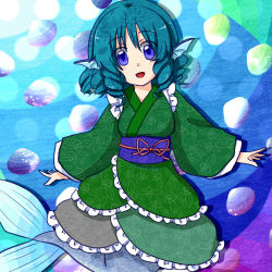 Rule 34 | 1girl, blue eyes, blue hair, drill hair, fins, gimicalmas, head fins, japanese clothes, kimono, lowres, mermaid, monster girl, solo, touhou, wakasagihime