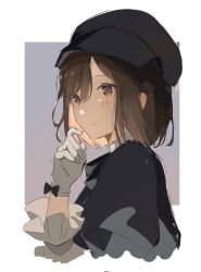 Rule 34 | 1girl, black bow, black headwear, blush, border, bow, brown eyes, brown hair, closed mouth, commentary, english commentary, gloves, highres, long sleeves, outside border, project sekai, sere ( h11r agi), shinonome ena, short hair, solo, upper body, white border, white gloves