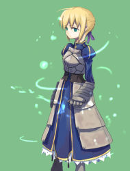 Rule 34 | 00s, 1girl, armor, armored dress, artoria pendragon (all), artoria pendragon (fate), blonde hair, dress, fate/stay night, fate (series), green background, green eyes, saber (fate), short hair, solo