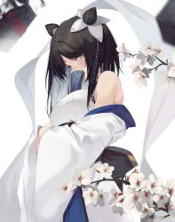 Rule 34 | 1girl, bare shoulders, black hair, blue eyes, blue skirt, breasts, cone hair bun, covering own mouth, eyes visible through hair, facial mark, flower, folding fan, forehead mark, hair bun, hair over one eye, hand fan, highres, jacket, large breasts, light blush, long hair, long sleeves, looking at viewer, multicolored hair, off shoulder, original, shirt, sideways glance, simple background, skirt, slit pupils, solo, soya (torga), standing, two-tone hair, white footwear, white hair, white jacket, white shirt