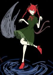 Rule 34 | absurdres, animal ears, bare legs, braid, cat ears, closed eyes, closed mouth, dark background, dress, fingers together, frilled dress, frills, high heels, highres, kaenbyou rin, red footwear, red hair, ribbon, smile, standing, standing on one leg, touhou, twin braids, weedhollow (dokuran)