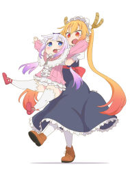Rule 34 | 2girls, :d, :o, beads, black dress, blonde hair, blue eyes, blunt bangs, capelet, carrying, carrying person, commentary request, dated, dragon girl, dragon horns, dress, fang, frilled capelet, frilled dress, frills, full body, gloves, gradient hair, hair beads, hair ornament, hairband, highres, horns, kanna kamui, kobayashi-san chi no maidragon, light purple hair, long hair, looking at another, low twintails, maid, maid headdress, multicolored hair, multiple girls, open mouth, orange eyes, outstretched arms, puffy sleeves, red footwear, samansa ex, simple background, skin fang, smile, spread arms, standing, thighhighs, thighs, tohru (maidragon), twintails, white background, white gloves, white thighhighs