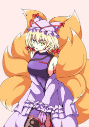 Rule 34 | 1girl, animal ears, bare shoulders, blonde hair, bow, breasts, cosplay, detached sleeves, female focus, fox tail, hair bow, hair in own mouth, hat, highres, large breasts, merry (diameri), multiple tails, ribbon, short hair, sideboob, solo, tail, touhou, yakumo ran, yakumo yukari, yakumo yukari (cosplay), yellow eyes