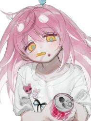 Rule 34 | 1girl, antennae, blue eyes, blush, can, drink, drink can, eating, empty eyes, food, food in mouth, food on face, french fries, frost fog, highres, holding, holding can, holding drink, long hair, looking at viewer, messy hair, mouth hold, multicolored eyes, original, pink hair, ribbon, shirt, short sleeves, soda can, solo, t-shirt, yellow eyes