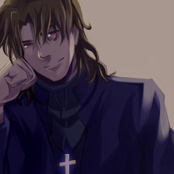 Rule 34 | 1boy, bad id, bad pixiv id, brown eyes, brown hair, cross, cross necklace, fate/stay night, fate (series), jewelry, kotomine kirei, male focus, necklace, smile, solo, suica (artist)