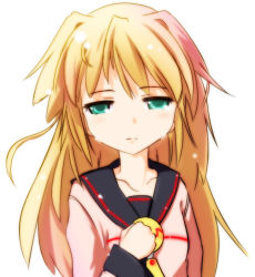Rule 34 | 100 percent orange juice, 1girl, blonde hair, collarbone, crying, crying with eyes open, green eyes, hand on own chest, long hair, messy hair, rekurisu, sailor collar, simple background, solo, sora (orange juice), suguri, tears, upper body, white background