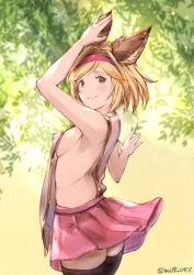 Rule 34 | 1girl, :3, animal ears, arm up, ass, bad id, bad pixiv id, black thighhighs, blonde hair, blush, breasts, brown eyes, commentary request, covered erect nipples, day, djeeta (granblue fantasy), erune, granblue fantasy, hairband, kemonomimi mode, leaf, looking at viewer, looking back, medium breasts, milli little, no panties, outdoors, pink hairband, pink skirt, see-through, short hair, sideboob, skirt, smile, solo, standing, thighhighs, twitter username, zettai ryouiki