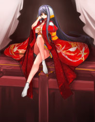 Rule 34 | 1girl, breasts, cleavage, crossed legs, huge breasts, japanese clothes, kimono, lace, legs, long hair, long legs, open clothes, open robe, original, pixiv fantasia, pixiv fantasia 1, pupps, purple hair, red eyes, robe, sitting, socks, solo, tabi, thighs, very long hair