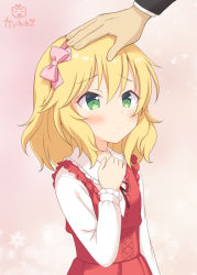 Rule 34 | 1girl, blonde hair, blush, closed mouth, commentary request, dress, fingernails, frilled shirt collar, frilled sleeves, frills, green eyes, hair between eyes, hand on another&#039;s head, hand up, idolmaster, idolmaster cinderella girls, idolmaster cinderella girls starlight stage, kaiware-san, long hair, long sleeves, looking away, pink background, red dress, sakurai momoka, shirt, signature, simple background, solo focus, sparkle, white shirt