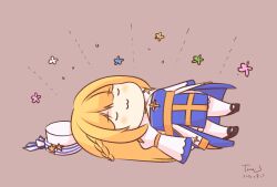 Rule 34 | 1girl, :3, arch bishop (ragnarok online), black footwear, blonde hair, blue bow, blue dress, blush, bow, braid, breasts, brown background, chibi, cleavage cutout, closed eyes, closed mouth, clothing cutout, commentary request, cross, dated, dress, french braid, full body, hair ornament, hat, highres, juliet sleeves, large breasts, long hair, long sleeves, lying, on back, on one knee, pelvic curtain, pillbox hat, puffy sleeves, ragnarok masters, ragnarok online, sash, shoes, signature, simple background, sleeping, smile, solo, star (symbol), star hair ornament, striped, striped bow, teruyof, thighhighs, tomo-graphy, two-tone dress, unworn hat, unworn headwear, white bow, white dress, white hat, white thighhighs, yellow sash