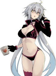 Rule 34 | 10mo, 1girl, bikini, blush, choker, cup, fate/grand order, fate (series), gloves, highres, holding, holding cup, jacket, jeanne d&#039;arc alter (swimsuit berserker) (fate), jeanne d&#039;arc (fate), jeanne d&#039;arc alter (fate), jeanne d&#039;arc alter (swimsuit berserker) (fate), long hair, navel, o-ring, o-ring bikini, open mouth, silver hair, simple background, single thighhigh, solo, swimsuit, thighhighs, yellow eyes
