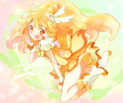 Rule 34 | 10s, 1girl, blonde hair, bow, cure peace, eyelashes, hair flaps, kise yayoi, long hair, magical girl, precure, shorts, shorts under skirt, skirt, smile precure!, solo, tears, wide ponytail, yellow bow, yellow eyes, yellow shorts, yellow skirt, yellow theme, yuzupon (applemilk)